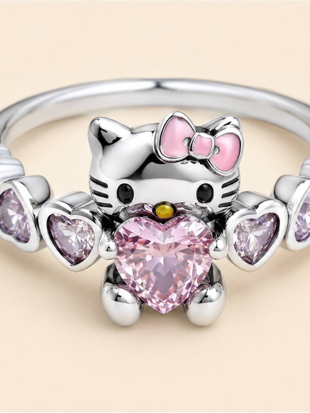 Silver Hello Kitty Ring with Pink Heart Crystals